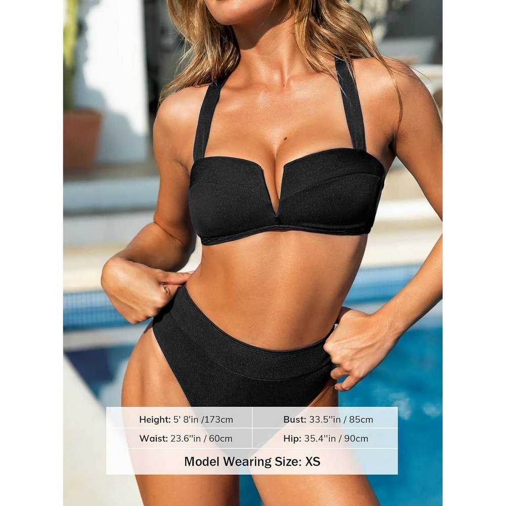 CUPSHE Bikini Swimsuit High Waist Molded Cups cross back Tie Black Size Medium - Picture 4 of 8